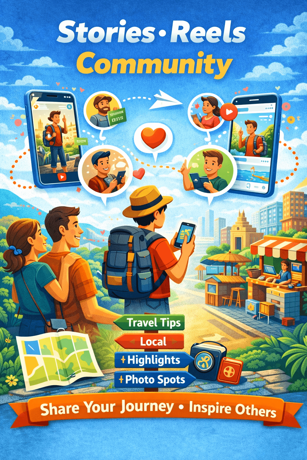 Illustrated Stories Reels Community poster for FeedMyTrip