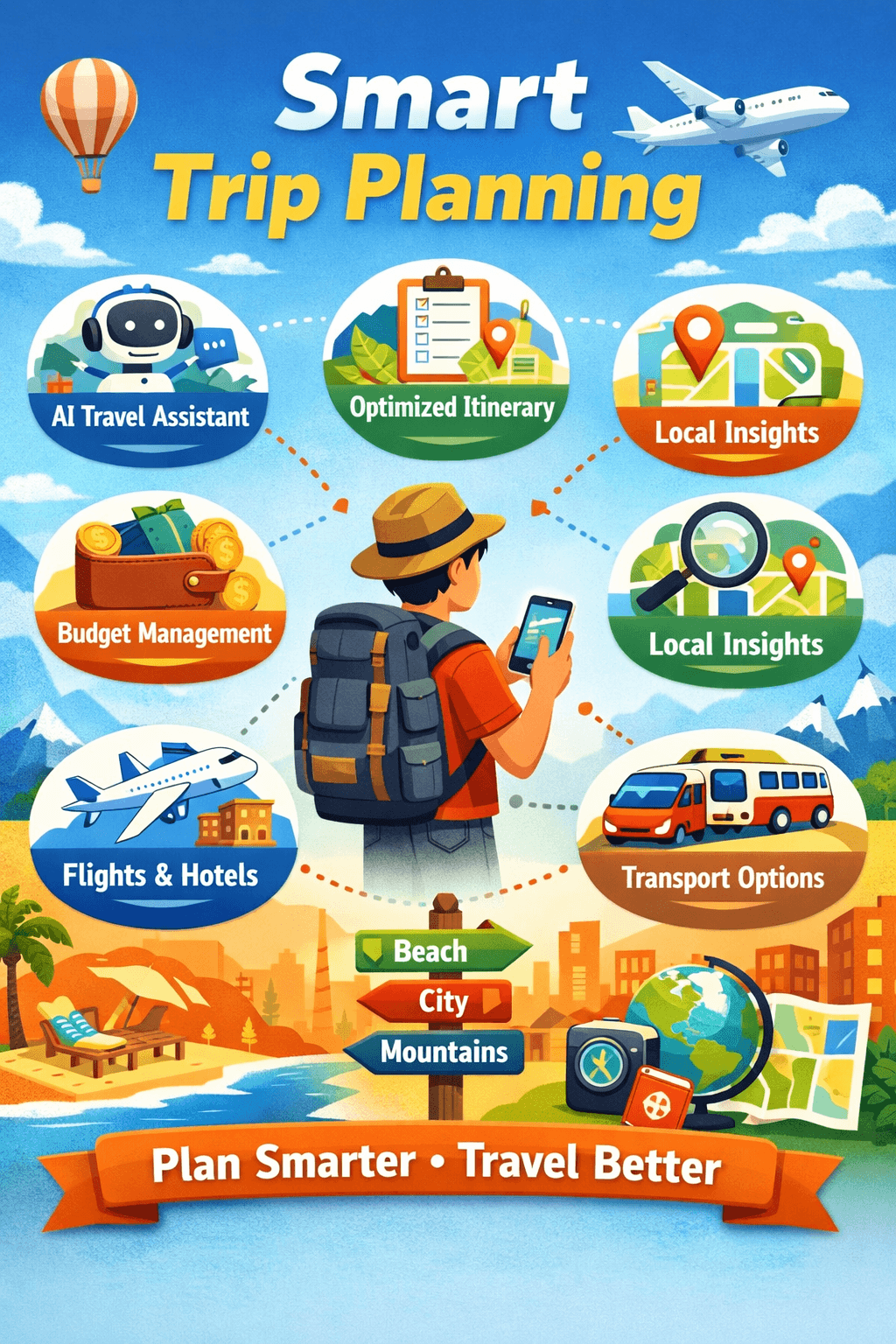 Illustrated Smart Trip Planning poster for FeedMyTrip